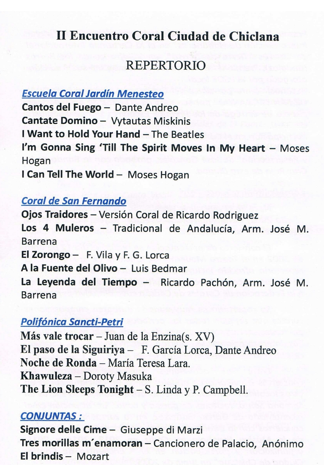 II Encuentro Coral Ciudad de Chiclana  Program
